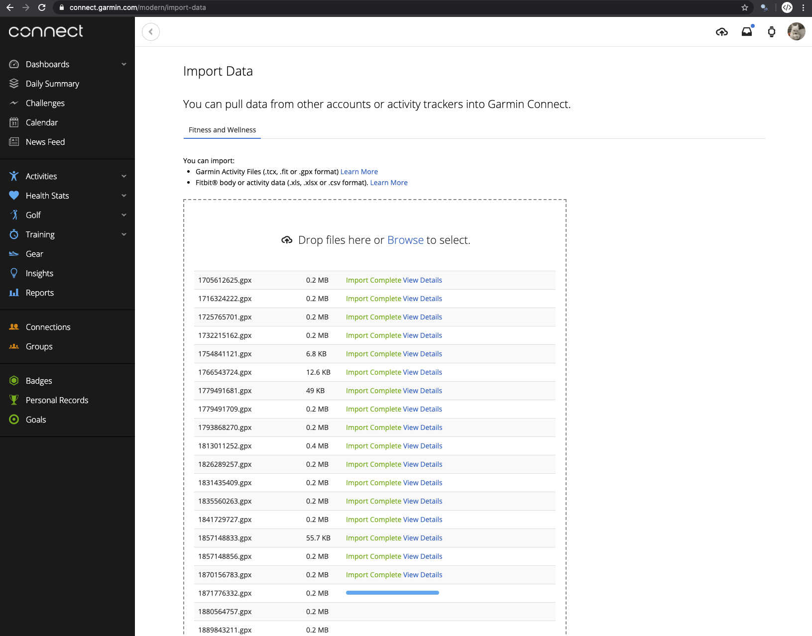 garmin connect export individual activities